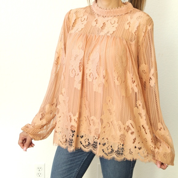 NWT Xhilaration Babydoll Top Lace Peach Boho - Picture 3 of 7